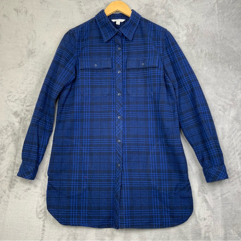 L.L. Bean Signature Blue/Black Button down Plaid 4 Pocket Tunic. Size Medium Reg - Picture 1 of 7